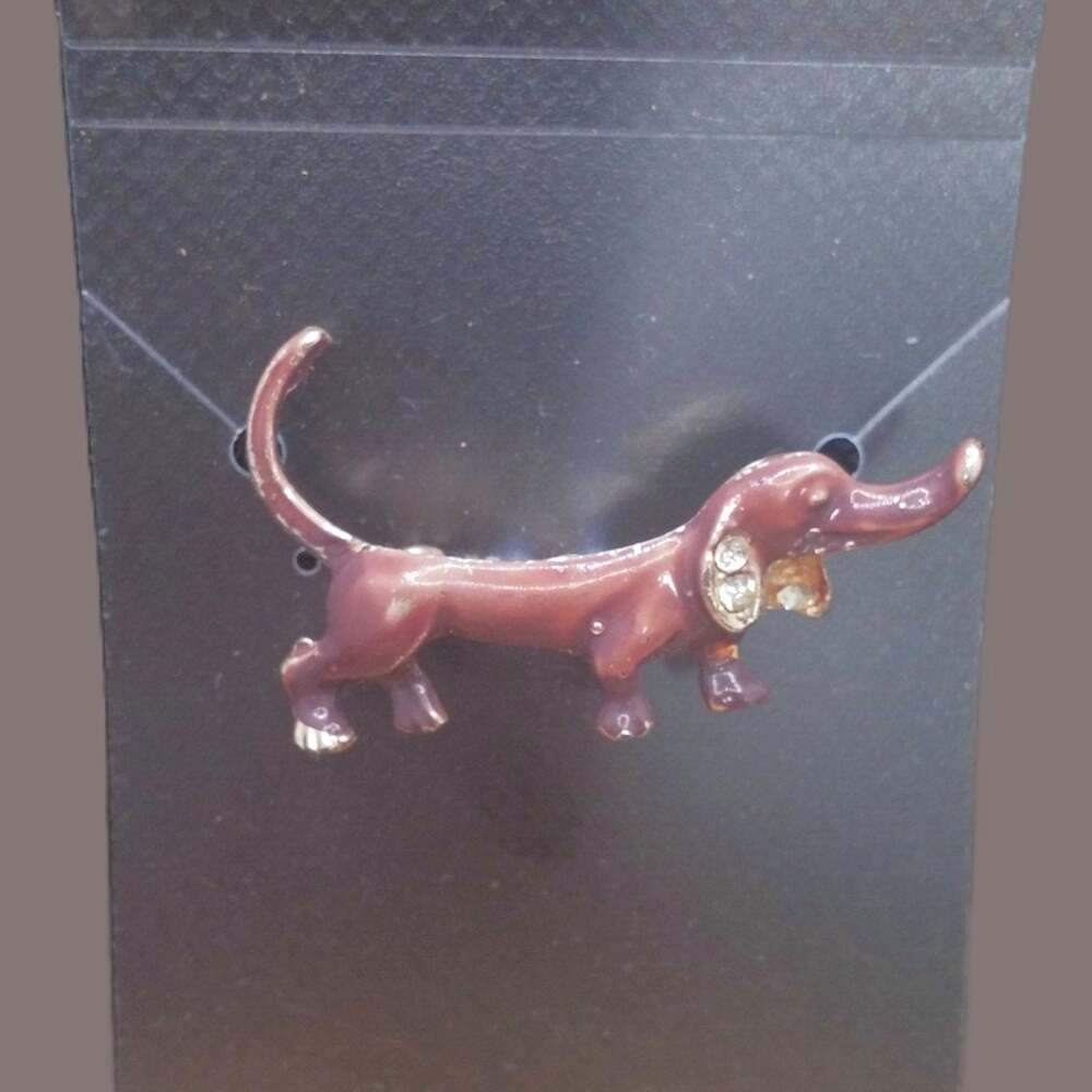 Vintage Dachshund Wiener Dog Pin Mini Brooch MCM Brown Enamel Gold Tone Retro